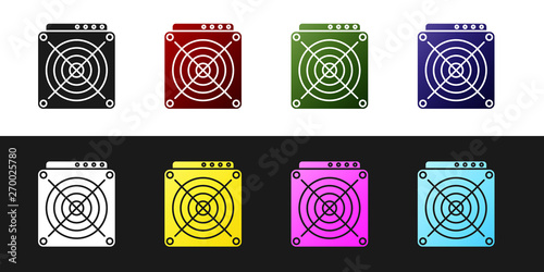 Set ASIC Miner icon isolated on black and white background. Cryptocurrency mining equipment and hardware. Application specific integrated circuit. Vector Illustration