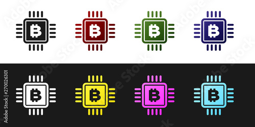 Set CPU mining farm icon isolated on black and white background. Bitcoin sign inside microchip. Cryptocurrency mining community. Digital money. Vector Illustration