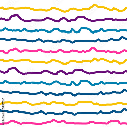 Hand drawn horisontal lines seamless pattern. Multycolor wavy irregular stripes on white background. Design for banner, party, birthday, invite, gift wrap. Vector illustration
