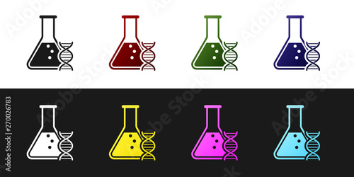 Set DNA research, search icon isolated on black and white background. Genetic engineering, genetics testing, cloning, paternity testing. Vector Illustration