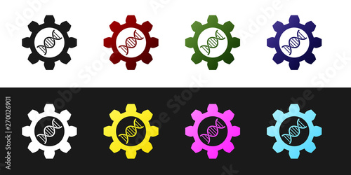 Set Genetic engineering icon isolated on black and white background. DNA analysis, genetics testing, cloning, paternity testing. Vector Illustration