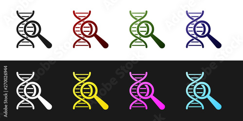 Set DNA research, search icon isolated on black and white background. Magnifying glass and dna chain. Genetic engineering, cloning, paternity testing. Vector Illustration