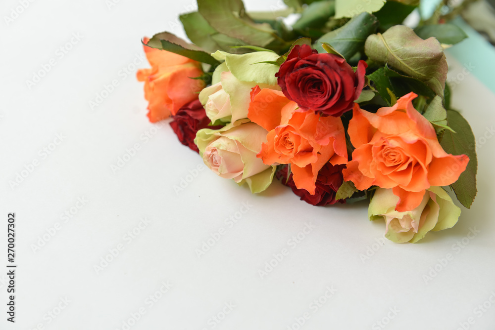 mixed colorful bouquet of various roses on white isolated background mixed colorful bouquet of various roses on white isolated background