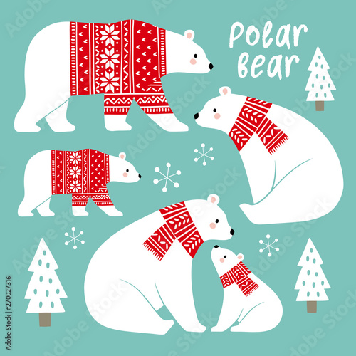 Fényképezés Hand drawn cute vector polar bears in winter clothes