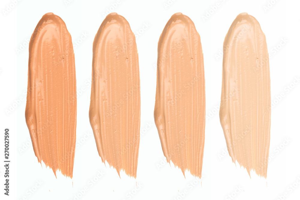 Shades of foundation On White Background. Closeup of different tones of liquid foundation, Shades of foundation On White Background. Closeup of different tones of liquid foundation,