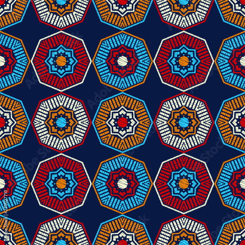 Ethnic boho seamless pattern. Lace. Embroidery on fabric. Patchwork texture. Weaving. Traditional ornament. Tribal pattern. Folk motif. Can be used for wallpaper, textile, wrapping, web.