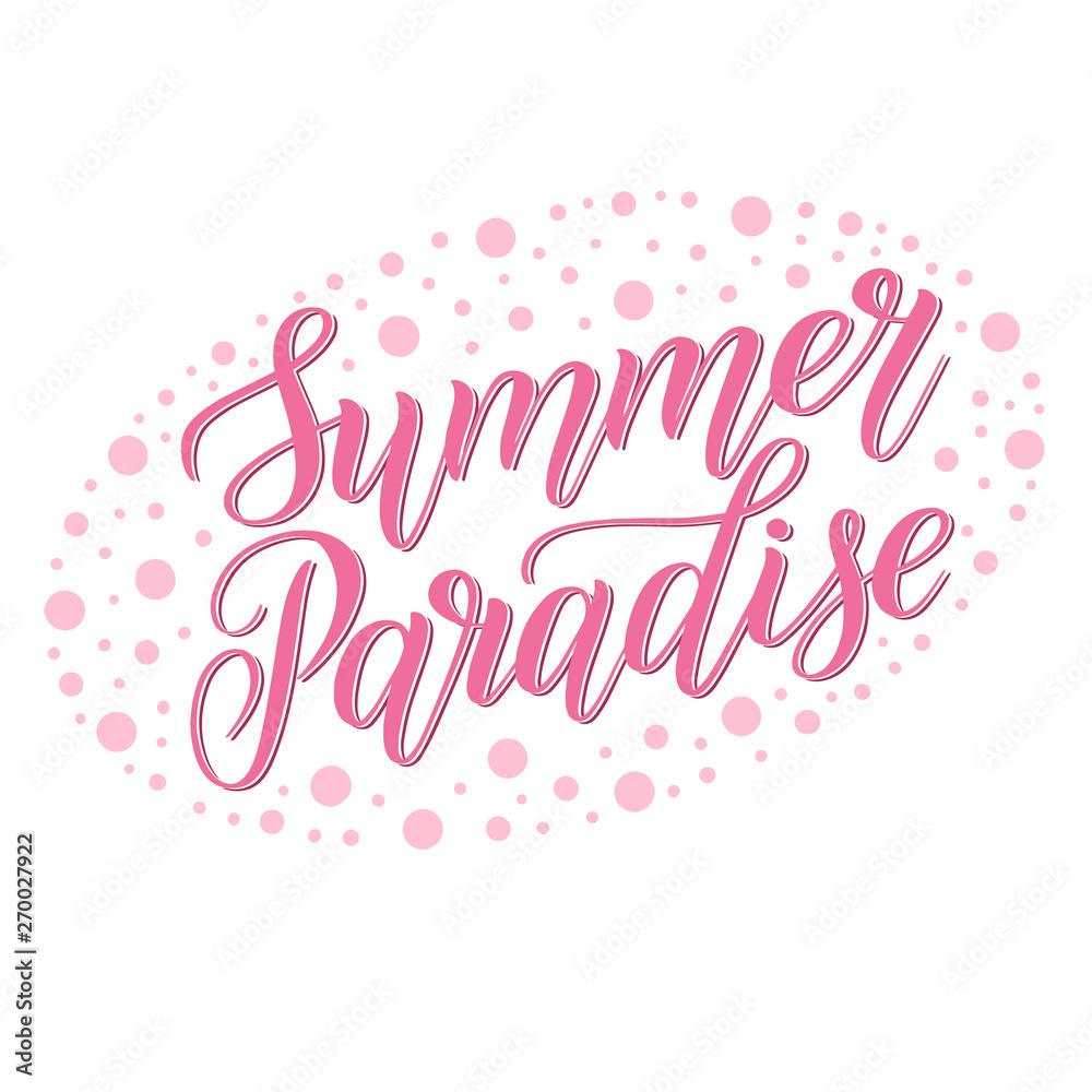 Summer paradise. Elegant rose color cursive on dusty pink oval background. Vector design logo. Script hand lettering. Isolated colors.