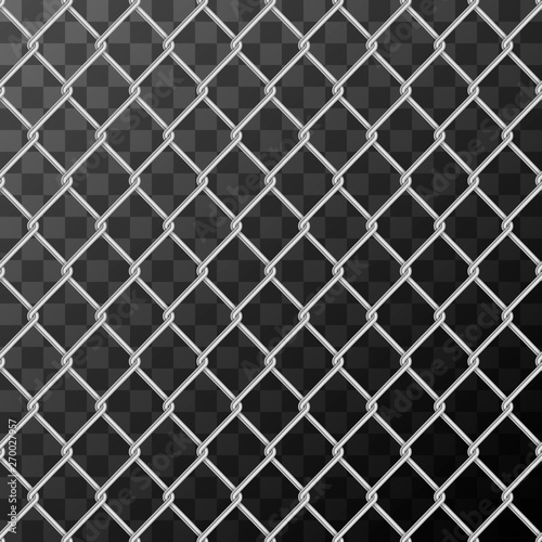 Realistic glossy metal chain link fence seamless pattern on transparent
