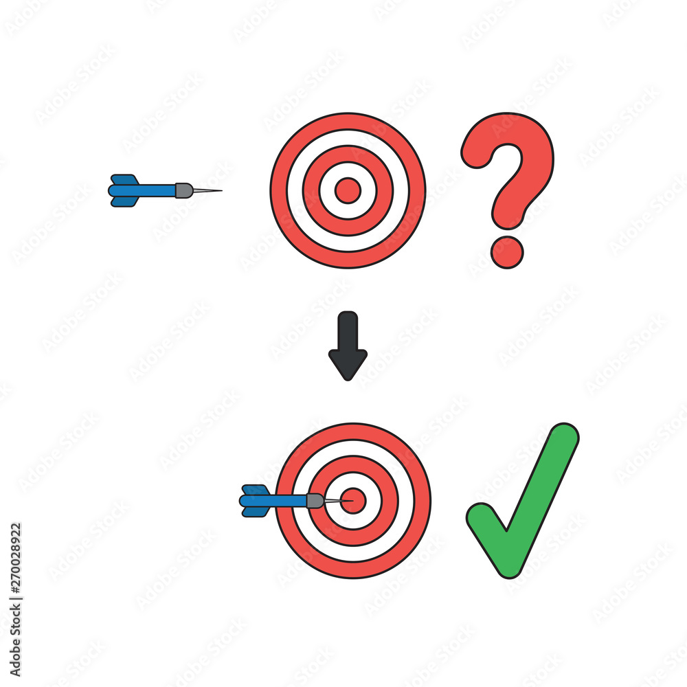 Vector icon concept of bulls eye with question mark and dart in the center and check mark. Vector icon concept of bulls eye with question mark and dart in the center and check mark.