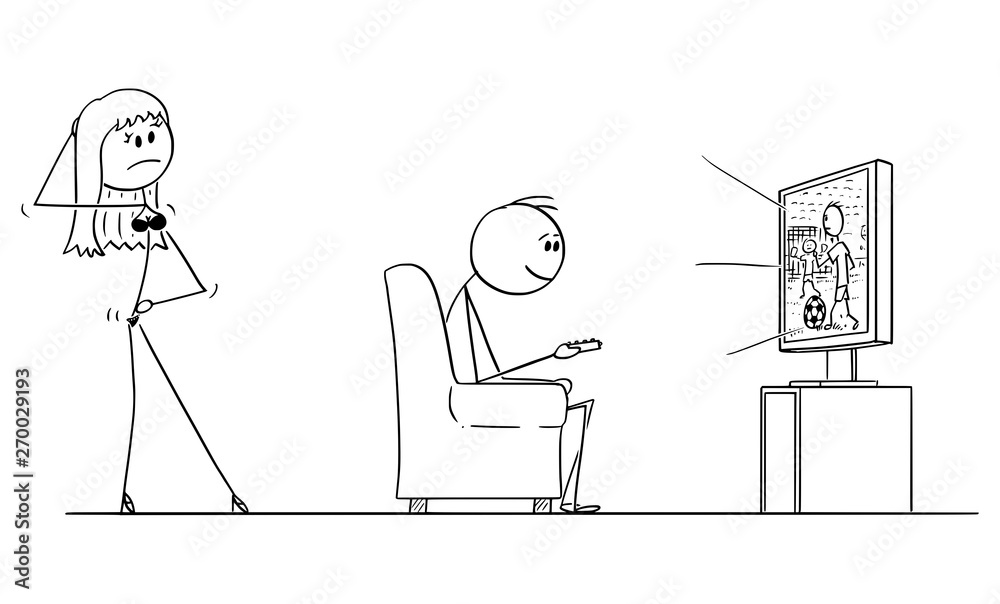 Vector cartoon stick figure drawing of man sitting in armchair and watching football or soccer on pic