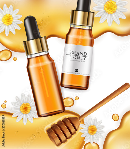 Honey infused serum Vector realistic. Product placement mock up. Detailed bottles with honey splash. 3d illustrations
