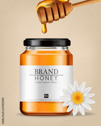 Honey Vector realistic mock up. Product placement label design. Detailed 3d illustrations