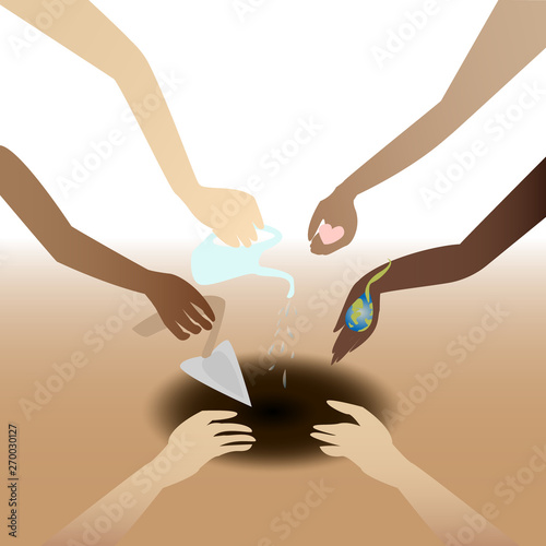 Different hands plant a seed of Earth