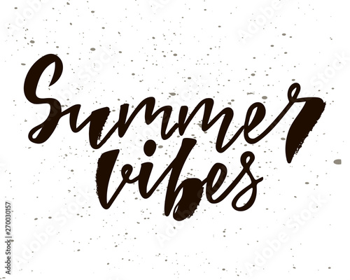 Summer vibes - handlettering text. Design print for postcard, label, logo, sign, emblem, sticker, poster, badge, clother. Vector illustration on background