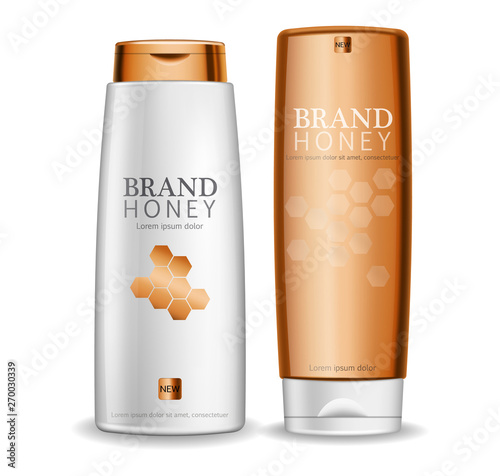 Honey infused cream Vector realistic mock up. White bottles cosmetics. Product placement label design. Detailed 3d illustrations