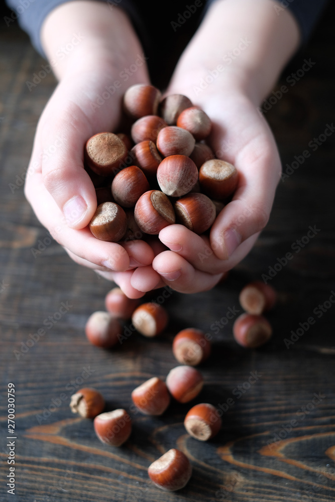 Hazelnut close up. Hazelnuts nuts on wooden background.