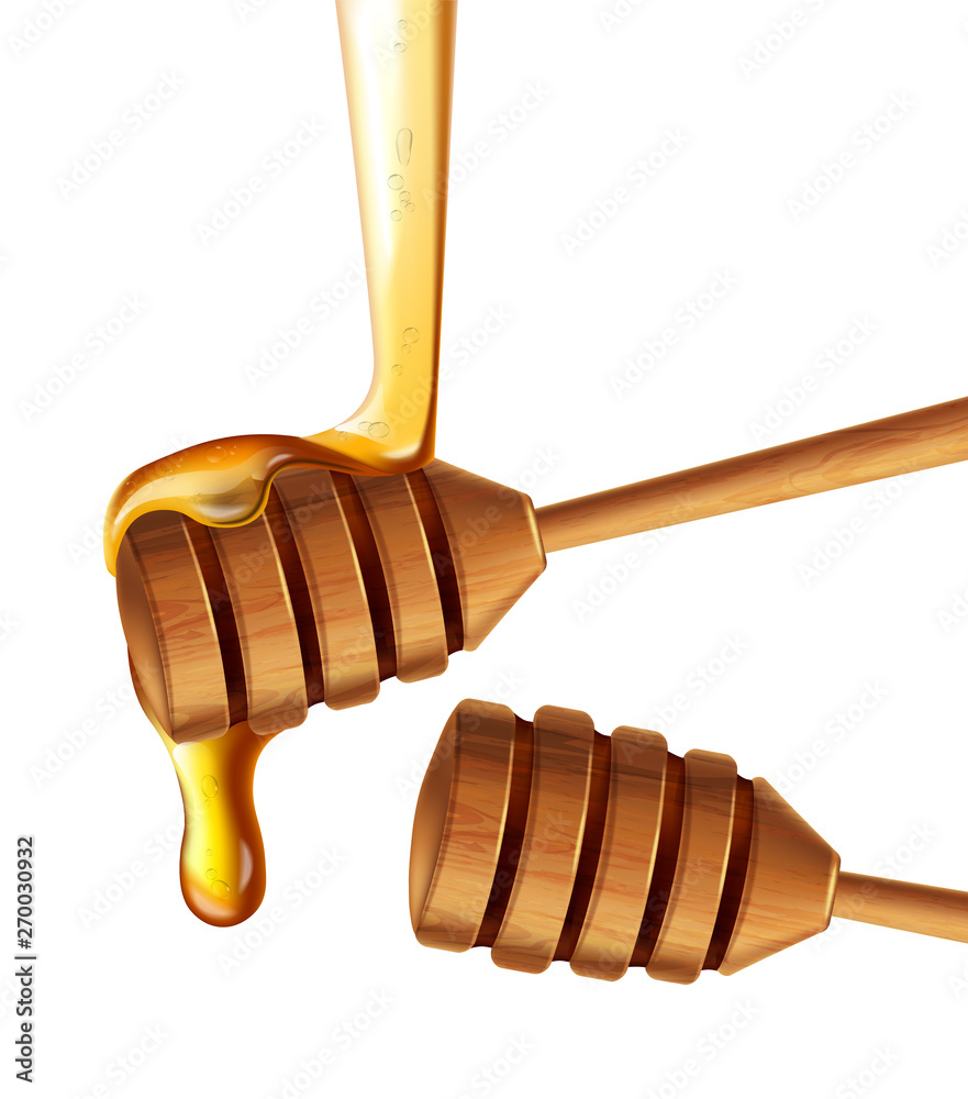 Honey dip background Vector realistic. Pouring honey liquid. 3d