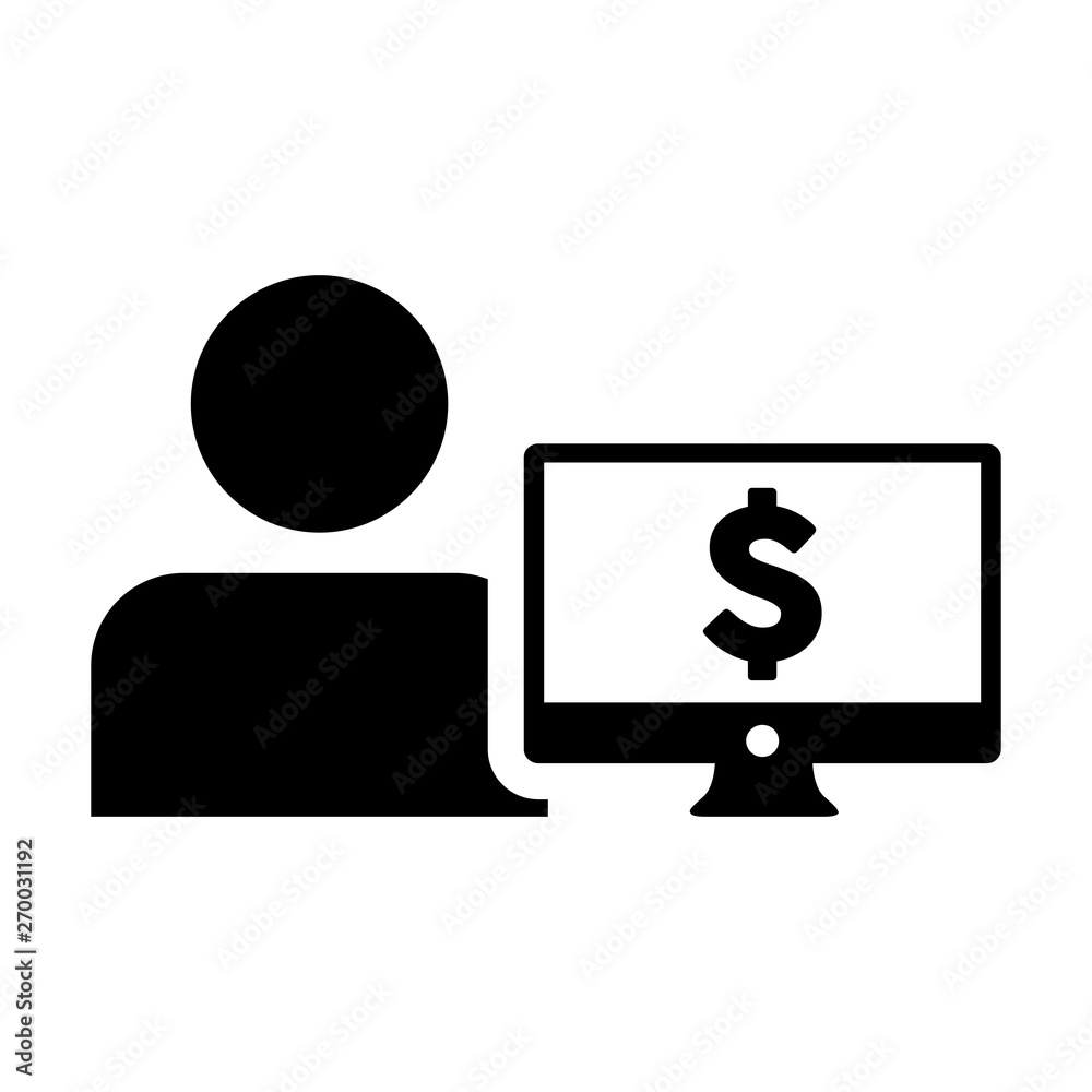 Revenue icon vector male user person profile avatar with computer monitor and dollar sign currency money symbol for banking and finance business in flat color glyph pictogram illustration Revenue icon vector male user person profile avatar with computer monitor and dollar sign currency money symbol for banking and finance business in flat color glyph pictogram illustration
