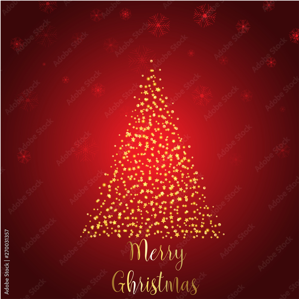 Beautiful Christmas card with a Christmas tree made of stars and with snowflakes on a red background Beautiful Christmas card with a Christmas tree made of stars and with snowflakes on a red background