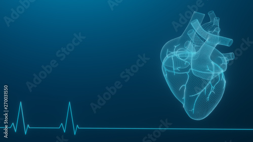 3D wireframe hearts render isolated white backgrounds, Abstract Heart icon form lines and triangles, point connecting network on blue background, 3d render