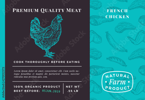 Premium Quality Meat Abstract Vector Poultry Packaging Design or Label. Modern Typography and Hand Drawn Chicken Sketch Background Layout. Seamless Food Pattern of Steak, Sausage and Wings