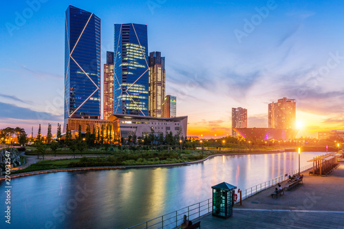 Seoul city with Beautiful after sunset, Central park in Songdo International Business District, Incheon South Korea. photo