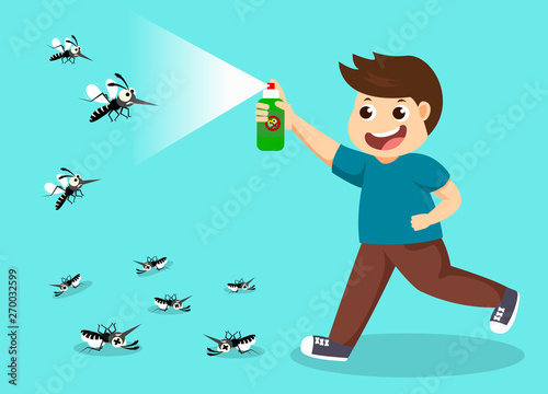 boy fight mosquito by spray. protection dengue fever concept. Vector illustration. 