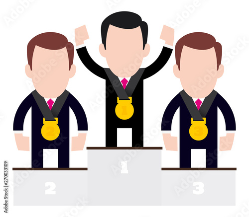 Vector of three cartoon figures of business people standing on a pedestal winner. Isolated white background.