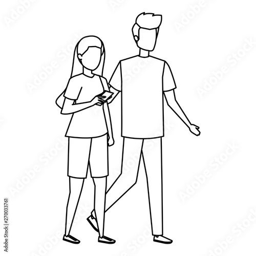 young couple using smartphone characters