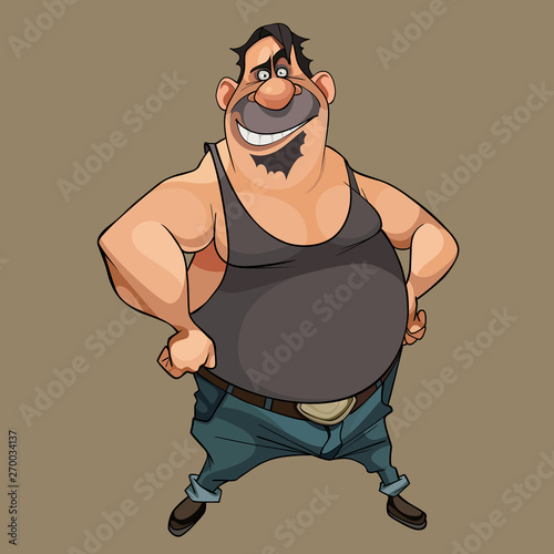cartoon funny character smiling potbellied man in jeans