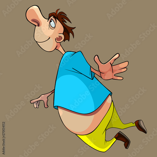 cartoon funny pot bellied man flies in a jump up