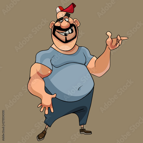 cartoon smiling muscular man in a cap says gesticulating
