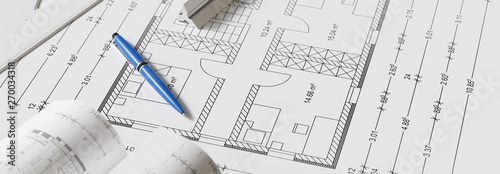Banner Ansicht von Bauplan mit Stift als Hausbau Konzept
