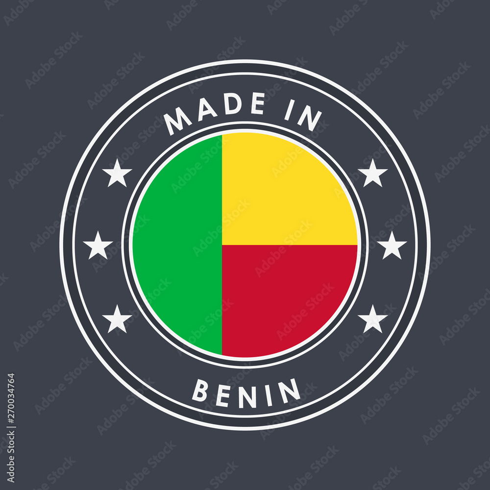 Fototapeta premium Flag of Benin. Round Label with Country Name for Unique National Goods. Vector