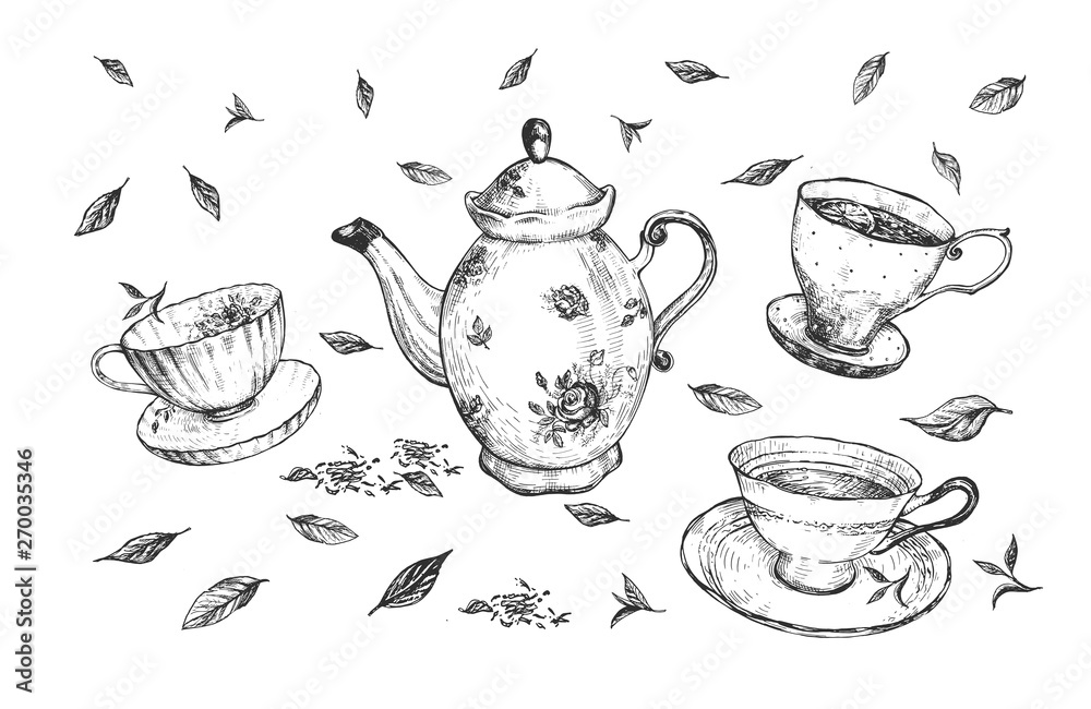 Levitating teapot, cups and plates set