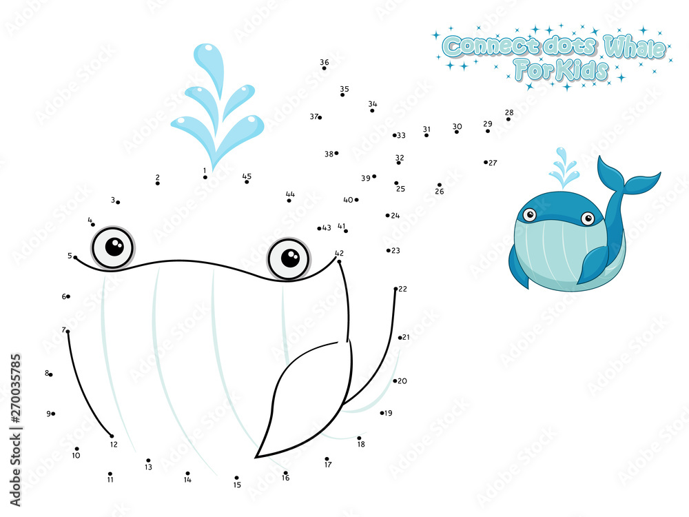 Vector Connect The Dots and Draw Cute Cartoon Whale. Educational Game ...