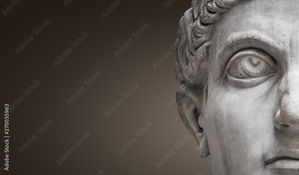 Statue of Roman Nobel Man, his face at closeup, isolated at smooth gradient background, Rome