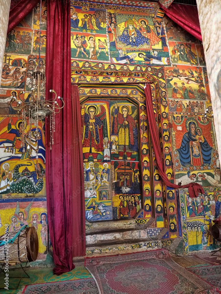 Religious frescoes on the walls of the Tana Haik Asus United monastery on Lake Tana in Ethiopia
