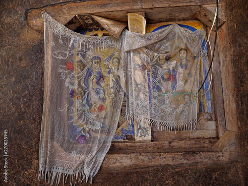 Religious frescoes on the walls of the Tana Haik Asus United monastery on Lake Tana in Ethiopia photo