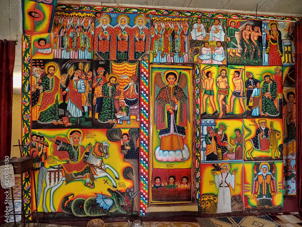 Religious frescoes on the wall of Tana Hayk Eysus United Monastery on Lake Tana in Ethiopia