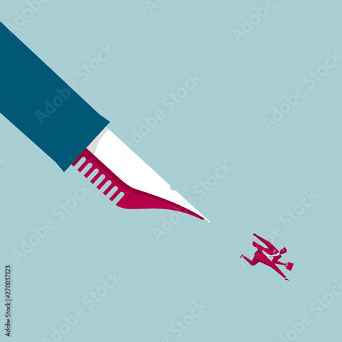 The businessman ran away under the pen. Isolated on blue background.