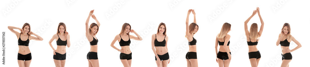 Collage of young woman with sexy slim body on white background