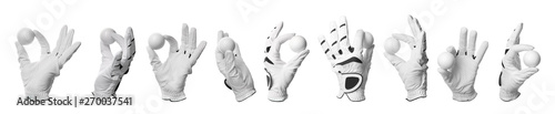 Set of gloves and golf balls on white background. Banner design photo