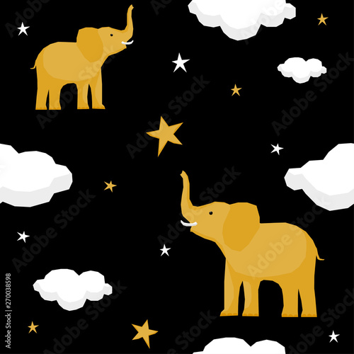 Abstract paper cut star and elephant seamless pattern background. Childish crafted elephant for design holiday wrapping paper, baby nappy, textile, birthday wallpaper etc.