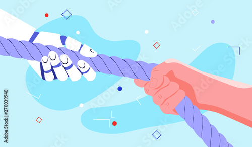 Robot hand and human hand pulling the rope. Machines replacing men on workplace. Robot helping human to do work easier. Robotic technology and artificial intelligence change the world and work force.