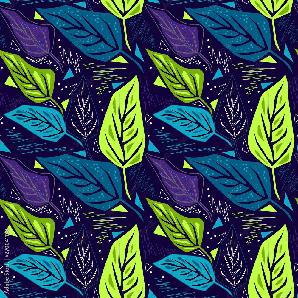 Seamless Botanical pattern. Green, blue, lilac leaves on dark background.