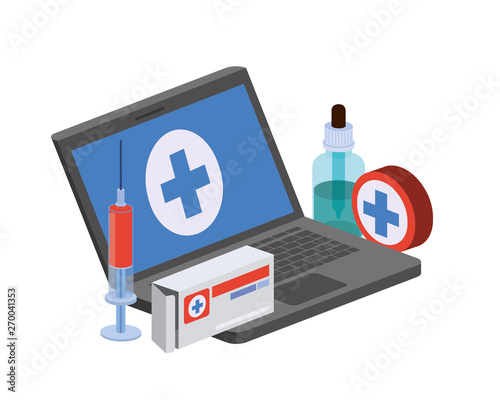 laptop with medicine drugs in white background