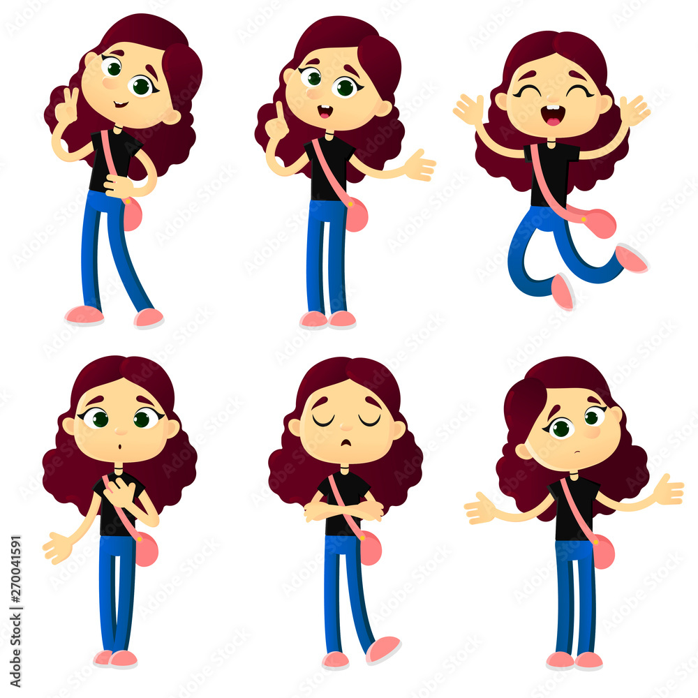 set of emotions cute young girl, cartoon style set of emotions cute young girl, cartoon style