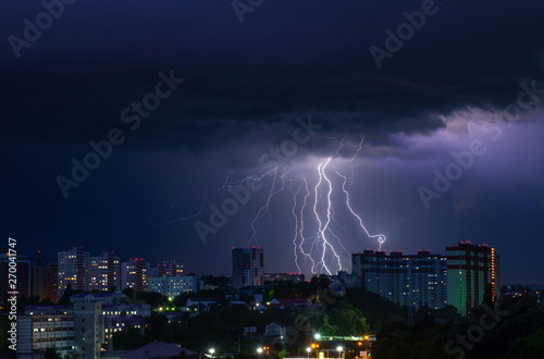 Night storm lightnings panorama Kiev Ukraine city