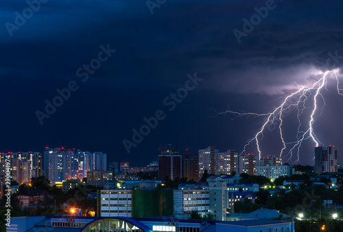 Night evening storm lightnings panorama Kiev Ukraine city